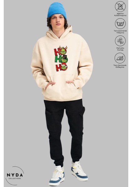 Oversize Penye Pamuk Unisex Hoodie Uzun Kollu Grinch Yılbaşı Baskılı Kapüşonlu Şardonlu Sweatshirt Nyda Collections modelleri