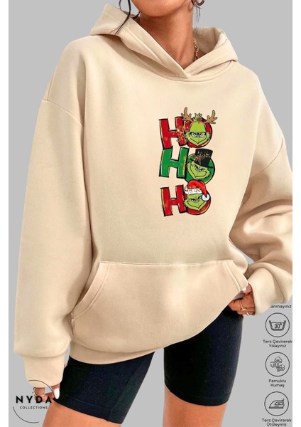 Oversize Penye Pamuk Unisex Hoodie Uzun Kollu Grinch Yılbaşı Baskılı Kapüşonlu Şardonlu Sweatshirt Nyda Collections fırsatları