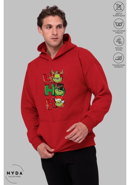 Oversize Penye Pamuk Unisex Hoodie Uzun Kollu Grinch Yılbaşı Baskılı Kapüşonlu Şardonlu Sweatshirt Nyda Collections