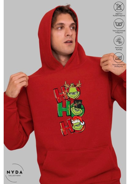 Oversize Penye Pamuk Unisex Hoodie Uzun Kollu Grinch Yılbaşı Baskılı Kapüşonlu Şardonlu Sweatshirt Nyda Collections fiyatları