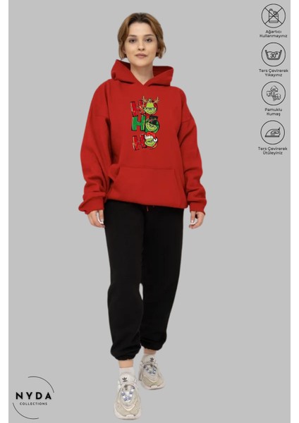 Oversize Penye Pamuk Unisex Hoodie Uzun Kollu Grinch Yılbaşı Baskılı Kapüşonlu Şardonlu Sweatshirt Nyda Collections fırsatları