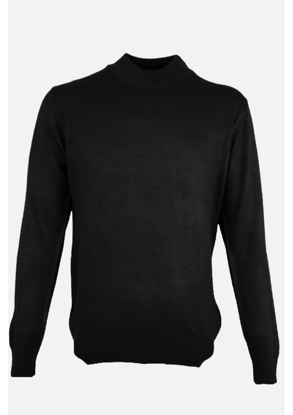 Erkek Yarım Balıkçı Yaka Triko Kazak Slim Fit Yün Siyah