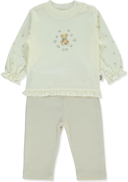 Organik Waffle Süprem Patiksiz Pijama Takımı 2li (Organıc Cute Bear) Bej