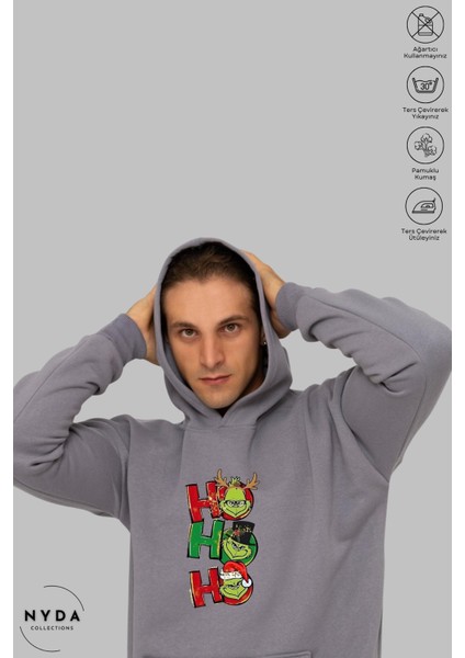 Oversize Penye Pamuk Unisex Hoodie Uzun Kollu Grinch Yılbaşı Baskılı Kapüşonlu Şardonlu Sweatshirt Nyda Collections
