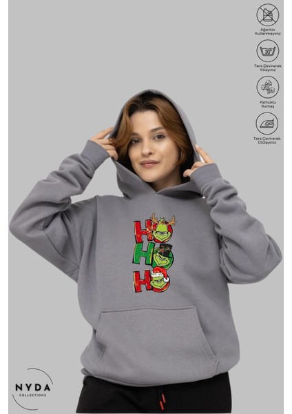 Oversize Penye Pamuk Unisex Hoodie Uzun Kollu Grinch Yılbaşı Baskılı Kapüşonlu Şardonlu Sweatshirt Nyda Collections fiyatları