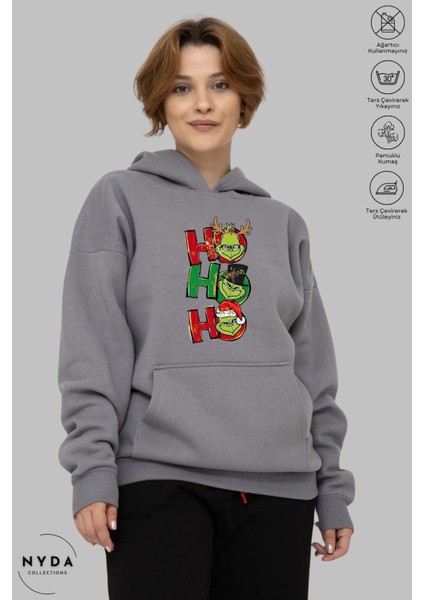 Oversize Penye Pamuk Unisex Hoodie Uzun Kollu Grinch Yılbaşı Baskılı Kapüşonlu Şardonlu Sweatshirt Nyda Collections modelleri