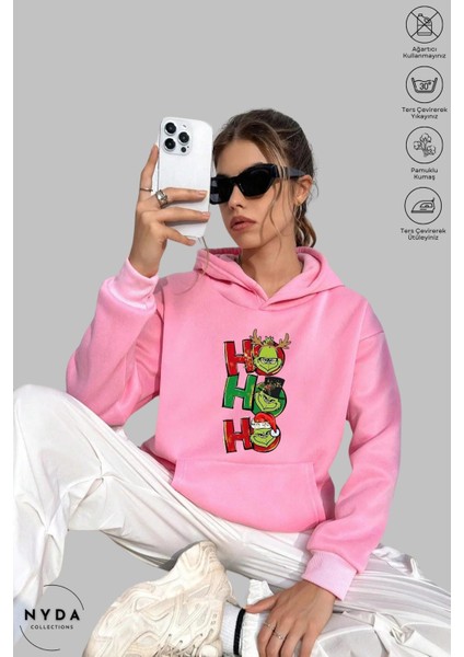 Oversize Penye Pamuk Unisex Hoodie Uzun Kollu Grinch Yılbaşı Baskılı Kapüşonlu Şardonlu Sweatshirt Nyda Collections