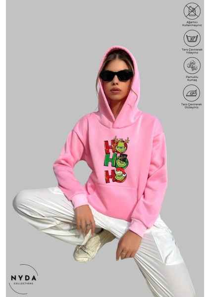 Oversize Penye Pamuk Unisex Hoodie Uzun Kollu Grinch Yılbaşı Baskılı Kapüşonlu Şardonlu Sweatshirt Nyda Collections fiyatları