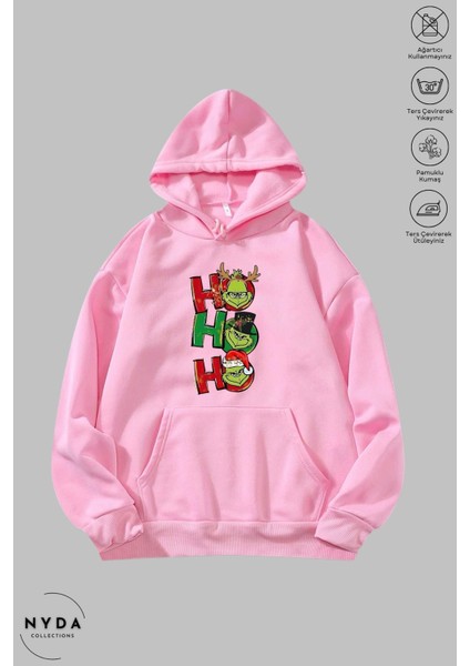 Oversize Penye Pamuk Unisex Hoodie Uzun Kollu Grinch Yılbaşı Baskılı Kapüşonlu Şardonlu Sweatshirt Nyda Collections fırsatları