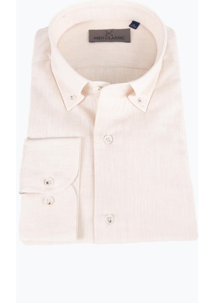 Erkek Düğmeli Yaka Gömlek Keten Uzun Kollu Rahat Kalıp Bej