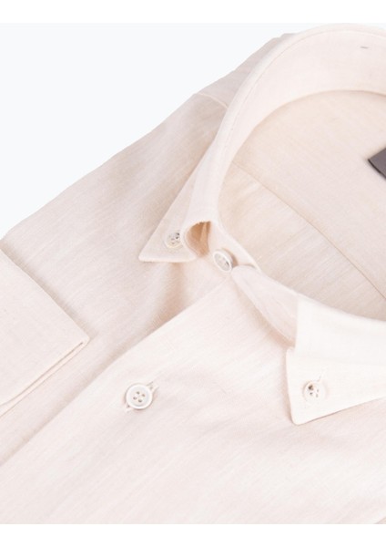 Erkek Düğmeli Yaka Gömlek Keten Uzun Kollu Rahat Kalıp Bej fiyatları