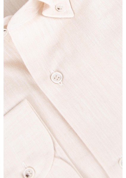 Erkek Düğmeli Yaka Gömlek Keten Uzun Kollu Rahat Kalıp Bej modelleri