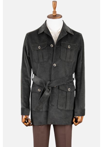 Erkek Trençkot Kadife Kumaş Kuşaklı Safari Cepli Modern Fit Mono Yaka Haki