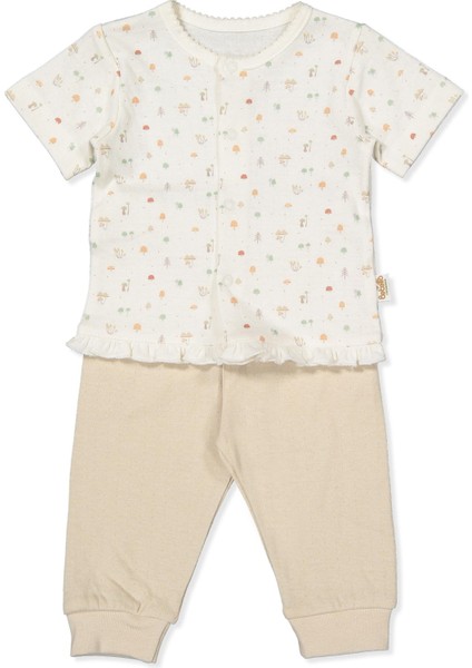 Organik Süprem Double Patiksiz Mini Pijama Takımı 2li (Organıc My Mushroom) Bej
