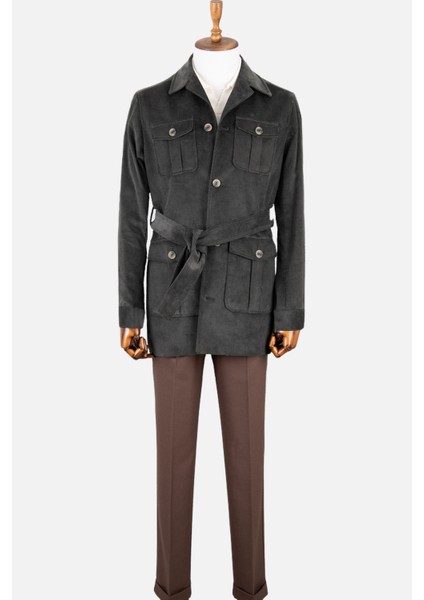Erkek Trençkot Kadife Kumaş Kuşaklı Safari Cepli Modern Fit Mono Yaka Haki modelleri