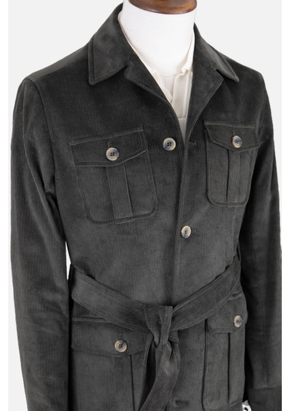 Erkek Trençkot Kadife Kumaş Kuşaklı Safari Cepli Modern Fit Mono Yaka Haki fırsatları