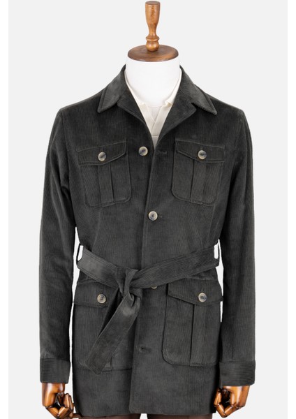 Erkek Trençkot Kadife Kumaş Kuşaklı Safari Cepli Modern Fit Mono Yaka Haki