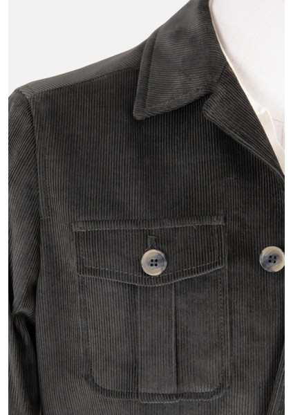 Erkek Trençkot Kadife Kumaş Kuşaklı Safari Cepli Modern Fit Mono Yaka Haki