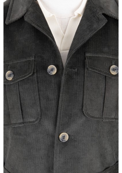 Erkek Trençkot Kadife Kumaş Kuşaklı Safari Cepli Modern Fit Mono Yaka Haki