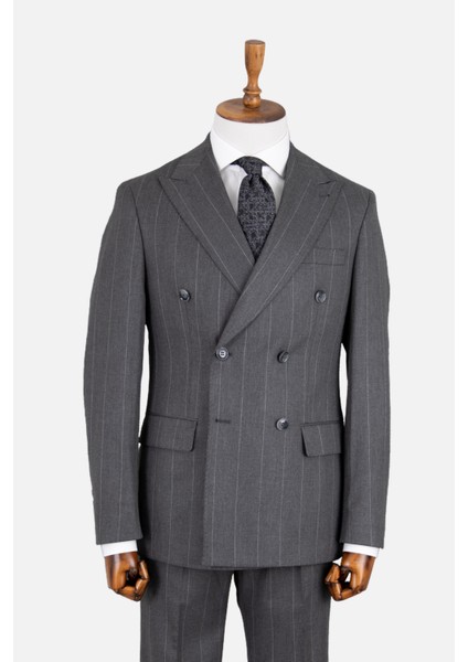 Erkek Kruvaze Takım Elbise Geniş Çizgili Kırlangıç Yaka Çift Yırtmaç Rahat Kalıp Gri