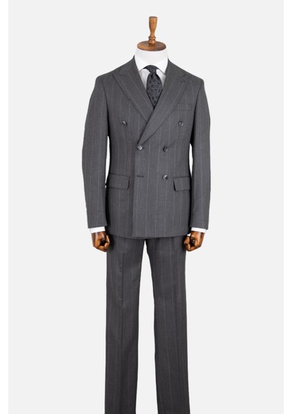 Erkek Kruvaze Takım Elbise Geniş Çizgili Kırlangıç Yaka Çift Yırtmaç Rahat Kalıp Gri modelleri