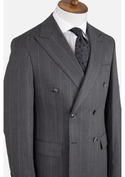 Erkek Kruvaze Takım Elbise Geniş Çizgili Kırlangıç Yaka Çift Yırtmaç Rahat Kalıp Gri fırsatları