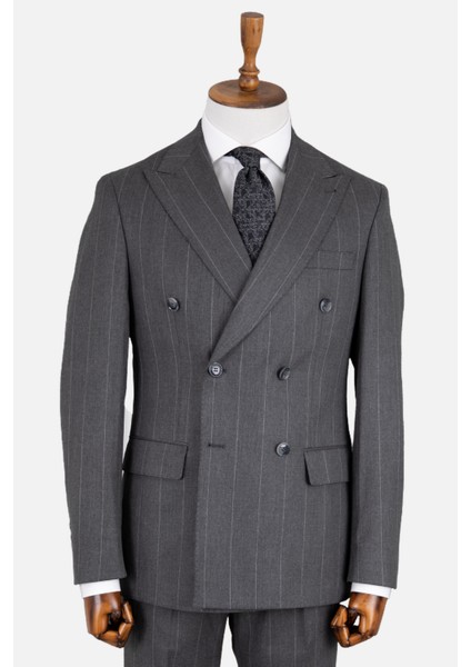Erkek Kruvaze Takım Elbise Geniş Çizgili Kırlangıç Yaka Çift Yırtmaç Rahat Kalıp Gri