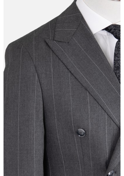 Erkek Kruvaze Takım Elbise Geniş Çizgili Kırlangıç Yaka Çift Yırtmaç Rahat Kalıp Gri