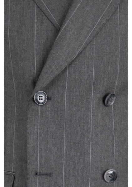 Erkek Kruvaze Takım Elbise Geniş Çizgili Kırlangıç Yaka Çift Yırtmaç Rahat Kalıp Gri