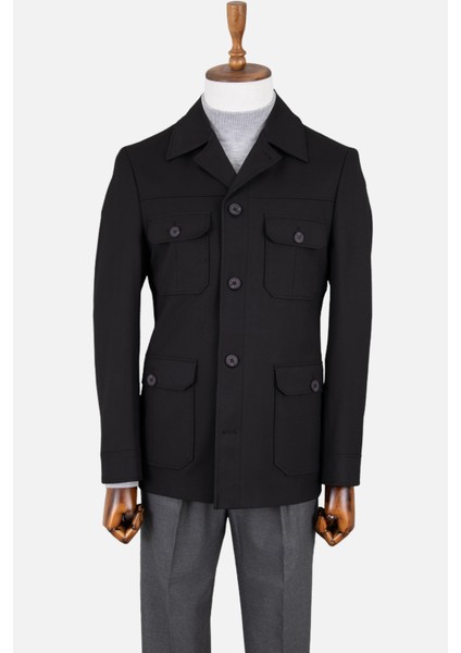 Erkek Safari Ceket Astarsız Mono Yaka Baharlık Slim Fit Siyah