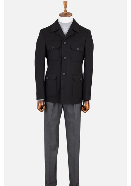 Erkek Safari Ceket Astarsız Mono Yaka Baharlık Slim Fit Siyah modelleri