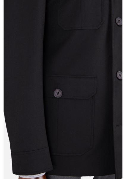 Erkek Safari Ceket Astarsız Mono Yaka Baharlık Slim Fit Siyah
