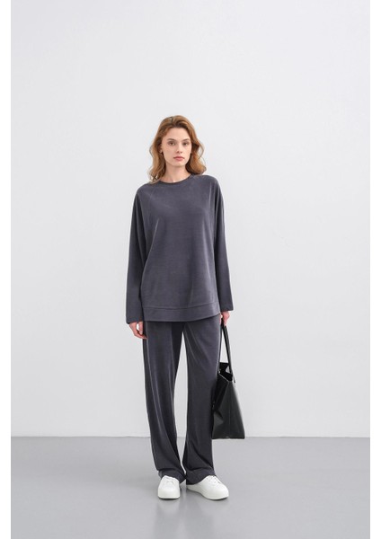 Füme Kadın Tencel Karışımlı Yumuşak Dokulu Bisiklet Yaka Basic Bol Paça Alt-Üst Takım