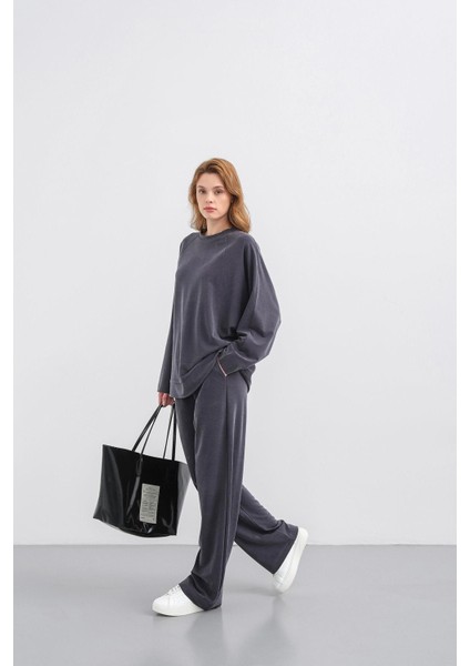 Füme Kadın Tencel Karışımlı Yumuşak Dokulu Bisiklet Yaka Basic Bol Paça Alt-Üst Takım indirimleri