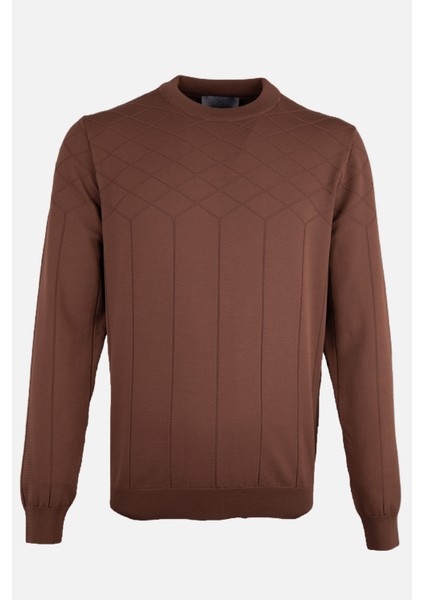 Erkek Bisiklet Yaka Triko Kazak Desenli Slim Fit Rayon Kumaş Kahverengi