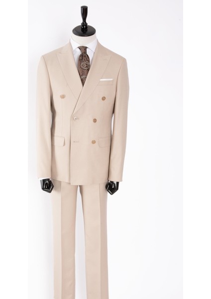 Erkek Kruvaze Takım Elbise Kendinden Dokulu Sivri Yaka Modern Fit Bej