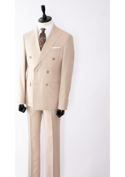 Erkek Kruvaze Takım Elbise Kendinden Dokulu Sivri Yaka Modern Fit Bej fiyatları