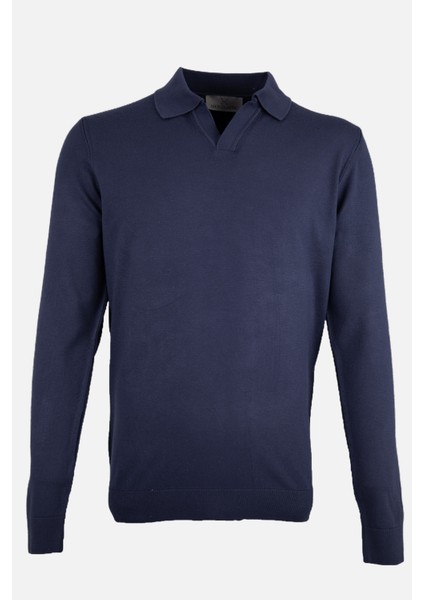 Erkek Polo Yaka Triko Kazak Slim Fit Pamuk Kaşmir Lacivert