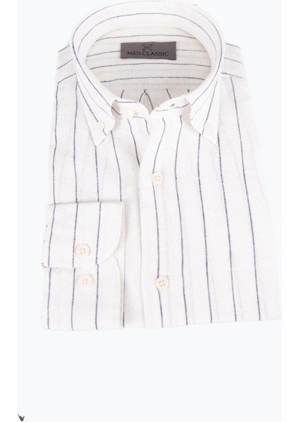 Erkek Düğmeli Yaka Gömlek Keten Çizgili Rahat Kalıp Beyaz
