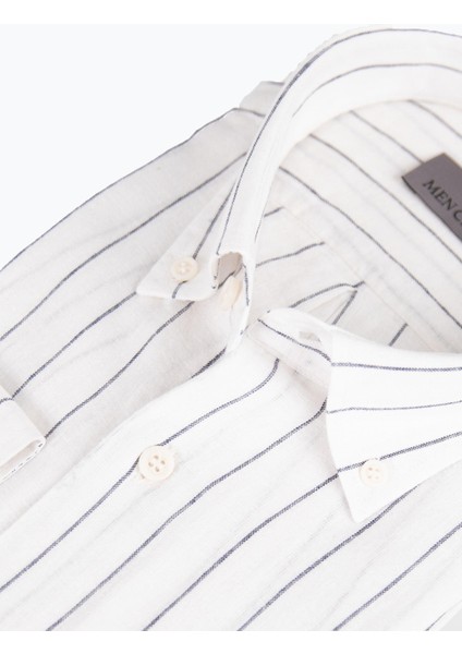 Erkek Düğmeli Yaka Gömlek Keten Çizgili Rahat Kalıp Beyaz fiyatları