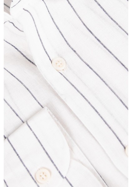 Erkek Düğmeli Yaka Gömlek Keten Çizgili Rahat Kalıp Beyaz modelleri