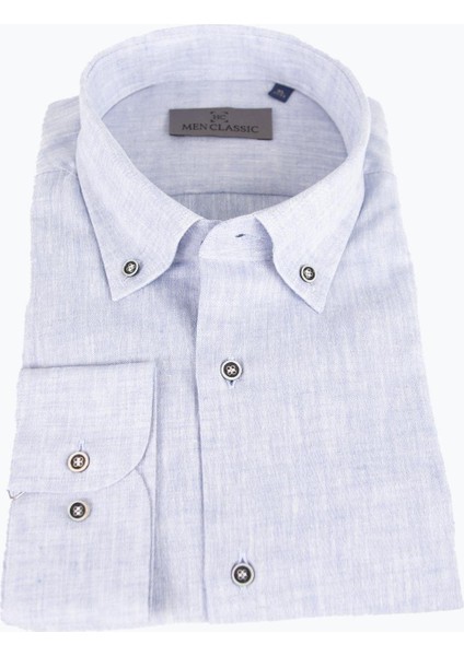 Erkek Düğmeli Yaka Gömlek Keten Uzun Kollu Rahat Kalıp Mavi