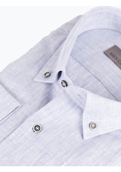 Erkek Düğmeli Yaka Gömlek Keten Uzun Kollu Rahat Kalıp Mavi fiyatları