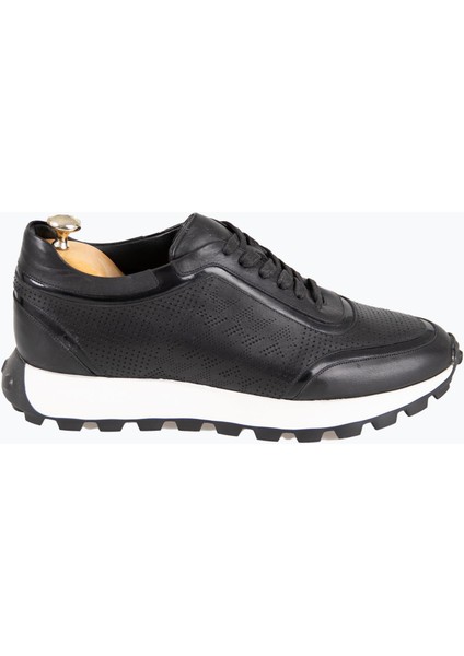 Erkek Spor Ayakkabı Hakiki Deri Bağcıklı Yüksek Taban Siyah
