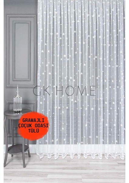 Lüks Tül Perde Yıldız Desenli Çocuk Odası Tülü Sık Pile Beyaz Renk