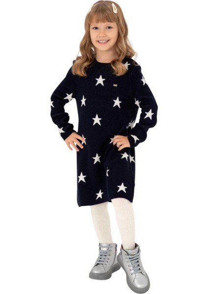 Kız Çocuk Lacivert Triko Balıkçı Yaka Triko Elbise