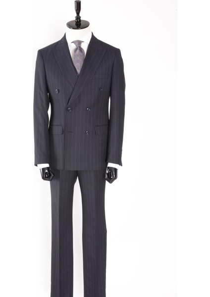 Erkek Kruvaze Takım Elbise Silik Çizgili Kırlangıç Yaka Çift Yırtmaç Modern Fit Lacivert