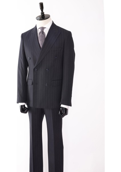 Erkek Kruvaze Takım Elbise Silik Çizgili Kırlangıç Yaka Çift Yırtmaç Modern Fit Lacivert modelleri