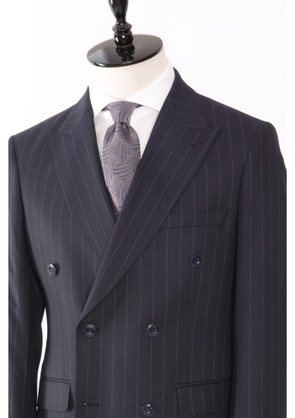 Erkek Kruvaze Takım Elbise Silik Çizgili Kırlangıç Yaka Çift Yırtmaç Modern Fit Lacivert fırsatları