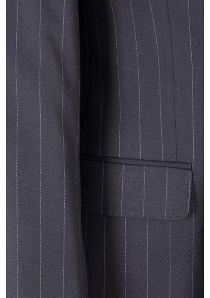 Erkek Kruvaze Takım Elbise Silik Çizgili Kırlangıç Yaka Çift Yırtmaç Modern Fit Lacivert
